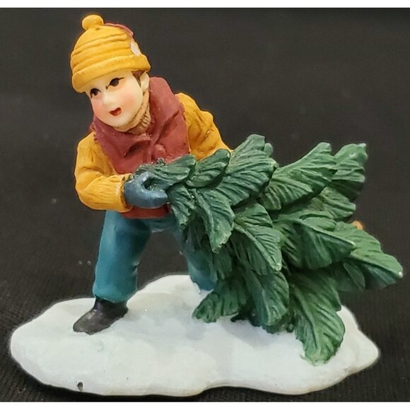Santa's Workbench BOY CARRYING PINE TREE Christmas Village figure OWell 1.5"h - Picture 1 of 6